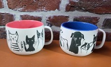 Anthropologie Cat & Dog Person Mugs Set Whimsical Pet Art 2 Cups