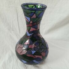 Mosaic Effect Vase Stained Glass Effect Abstract Glass Vase Blue Green 8.5" tall