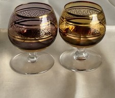2 Colourful Miniature Brandy Snifters In Gold And Red With Gilding
