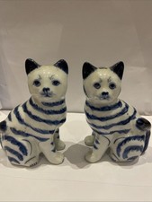 Set of Two Ceramic Cats Blue