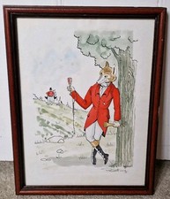 Vintage Hand-Painted Watercolor - Anthropomorphic Fox Hunting Scene