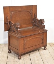 Oak Monks Bench |  Floral Carved Back & Lion Armrests | Gothic Revival