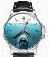 Shark Jaws Maneater In Blue Sea Black Leather Strap Watch