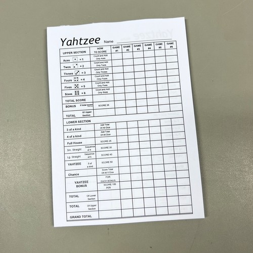 Yahtzee score sheets 384 - , games