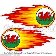 WALES Welsh  Fireball-Fire-Flaming Red Dragon 125mm Bumper Stickers, Decals x2