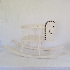 Vintage Wooden Rocking Horse, White Hand Painted Scandi Folk Horse Toddler