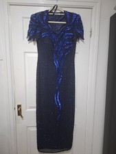 Vintage Full length maxi royal blue Sequined beaded silk evening dress 10