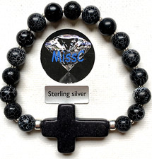 GOTHIC DRAGONS VEIN AGATE AND CROSS BRACELET WITH 925 STERLING SILVER BEADS