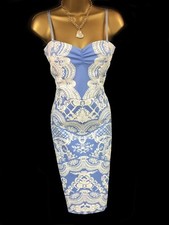 Lipsy Blue White Bodycon Dress 16 Lace Print Midi Party Occasion Wedding Prom