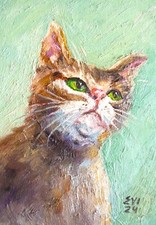 Ginger Cat with green eyes Original Oil Painting Animal Wall art Canvas board A5