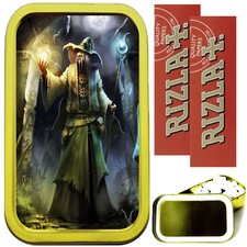 WIZARD 1oz GOLD TOBACCO TIN, 2 X RIZLA PAPERS & FILTERS