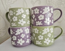 4 Daisy mugs Sunday Morning Ceramics Green Purple Stackable 500ml ***VGC***