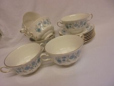 SET OF SIX COLCLOUGH BRAGANZA FINE BONE CHINA TWO-HANDLED SOUP BOWLS & SAUCERS