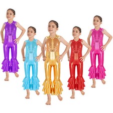 Girls Shiny Sequin One-Piece Full Body Tank Unitard Zip Dance Gymnastic Jumpsuit
