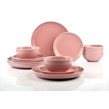 12-Piece Pink/Green/Yellow Dinner Set Stoneware Plates Bowls Service for 4