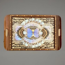 Thirties South American Inlaid Wood Tray decorated  with Real Butterfly Wings