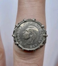 Old Vintage English 925 Silver Ring With 1940 Threepence 3d Coin - UK Size R