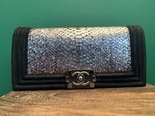 Chanel Boy Flap Clutch Bag Silver Python Black Suede Leather
