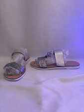 Dune London Silver & silver snakeskin leather slip on bar sandals size 38 Uk 5