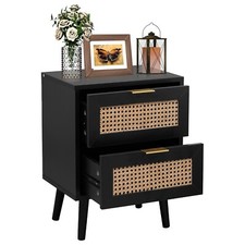Home Stuff Plus Rattan Bedside Table Wooden Black Bedside Cabinet with 2-Drawers