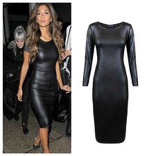 WOMEN'S SHORT SLEEVE WETLOOK PVC BODYCON MIDI FAUX LEATHER DRESS SIZE 8-22