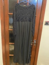 Elegant Black Chiffon Crochet Abaya Dress - Fit & Flare, Up to UK Size 14