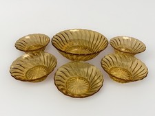 Vintage 6pc Bagley Amber Glass Carnival Swirl Serving Bowl & Five Dessert Bowls