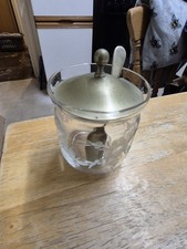 Charming Antique Etched Floral Glass Jam Pot with EP Spoon & Lid
