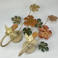 Vintage French Pair Metal Toleware Coloured Wine Leaf Electric Wall Light Sconce