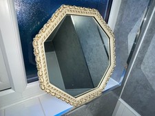 Vintage French Rococo Style Octagonal 19" Wall Mirror White Beaded Guilded Edge