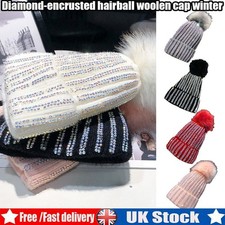 Lady Knitted Beanie Hat Diamond Faux Fur Pom Pom Bobble Hat Winter Warm Fashion`