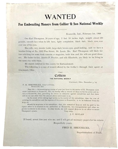 1908 wanted poster embezzling - wanted,