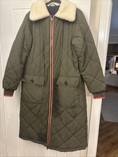Boden  Reversible Long Puffer Coat Green & Navy Size 10 Cream Fleece Collar