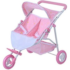 Olivia's Little World Double Twin Baby Doll Pram Stroller Pushchair Pink Stars O