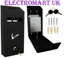 WALL MOUNT MOUNTED LOCKABLE METAL OUTDOOR CIGARETTE ASHTRAY ASH BIN BLACK 