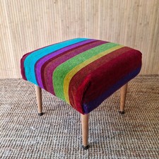 Fab Vintage Retro Footstool Pouffe Dansette Legs Multi Rainbow Stripe Moquette