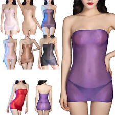 UK Women Bodycon Pencil Dress Strapless Sheer Nylon Micro Mini Skirt with Thong