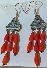 Art deco Style Earrings Red coral Sterling Silver 925,7cm drop pierced ear 8.8g