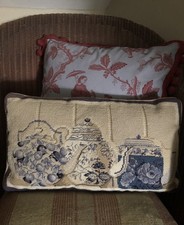 Vintage Needlepoint Cushion - Depicting Decorative Teapots-Feather Filled
