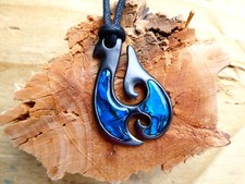 New Zealand Abalone Paua Shell Maori Fish Hook Pendant 17.5"/44cm Cord Necklace