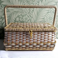 Large Mid Century Woven  Sewing Basket With Cantilever Tray - Very Clean
