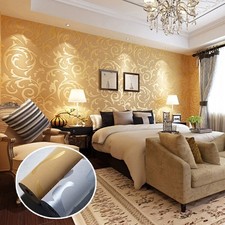 10M Rare Victorian Shiny Damask Embossed Flock Textured Non-woven Wallpaper Roll