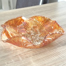 Brockwitz Marigold Carnival Glass Curved Star and Headdress Ruffled Bowl