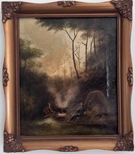 Antique oil painting  moody forest scene with figures  around a campfire framed