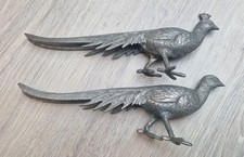 Pair Of Silver Coloured Metal Ornamental Pheasants Shoot Hunt Birds Decorative 