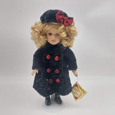Collectors Choice Porcelain Doll Diana On Stand Black Coat Red Plaid Buttons