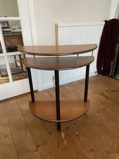 VINTAGE TEAK VENEER AND BLACK HALF MOON TELEPHONE SIDE TABLE 3 TIER