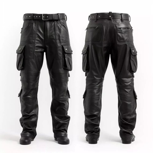 Mens black leather cargo pants - black,