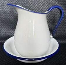 Vintage Enamelware White Blue Large Water Pitcher & Washing Basin Bowl Decor