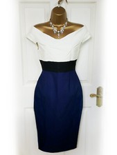 VESPER Elegant Cream & Navy Blue Bardot Bodycon Dress, size 10 - BNWT